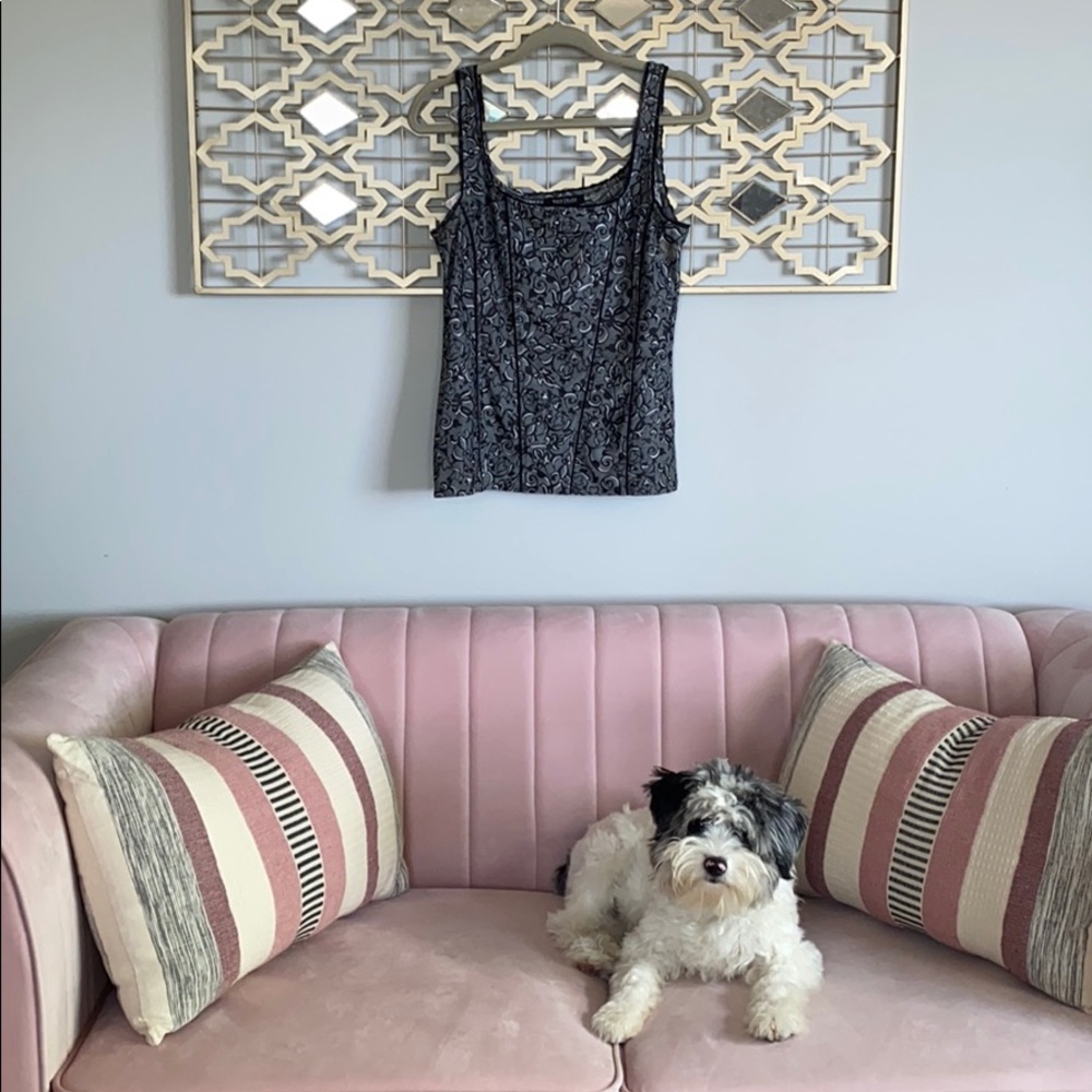 Stretch, black-paisley top.